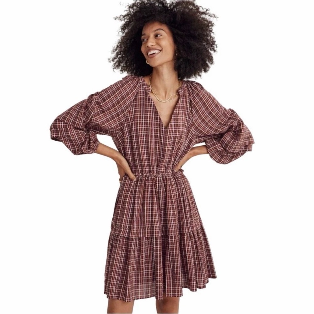 Madewell NH100 Seersucker Wrap Mini Dress Womens M Dark Merlot Plaid Cottagecore